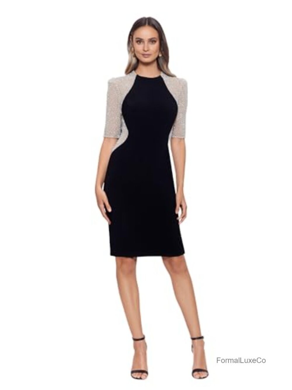 Xscape Beaded Sheath Dress Fitted Knee-Length Half Sleeve Formal Cocktail